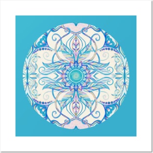 Teal Blue, Pearl & Pink Floral Pattern Posters and Art